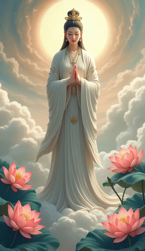  Chinese-style Guanyin Bodhisattva， standing in the clouds overlooking all beings ， There are many lotus flowers ，Mercy and solemn 。 