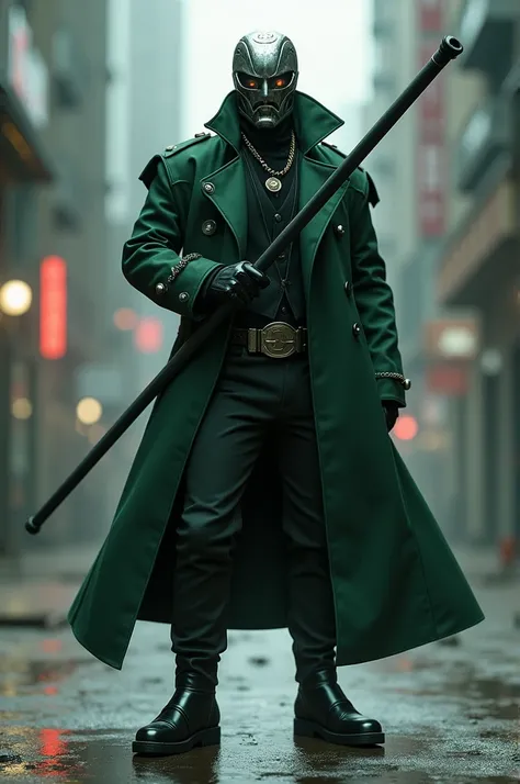 Character with dark green trench coat , black pole ,  black pants , black boots,  black gloves and Robocop helmet 