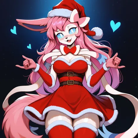 Loving expression, Happy expression, 1girl, anthro, furry, fur, fluffy fur, fluffy big pink tail, sylveon girl, pink hair, medium/long hair, soft/messy hair, (19 years), white eyes, blue sclera, glowing eyes, medium breast, thicc thighs, lots of hearts, (a...