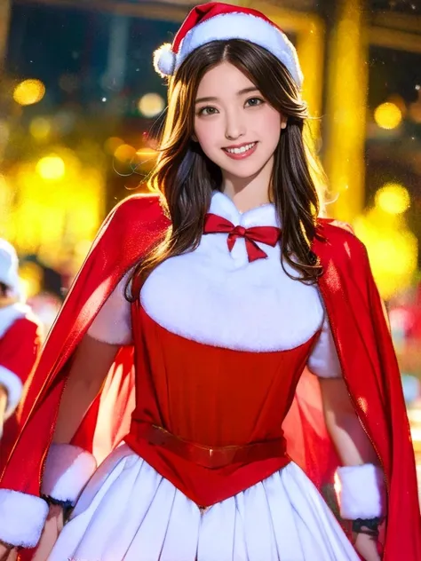  realistic pictures,  top quality, Festival Girl,  cheerful smile,  Red Velvet Cloak ,  White Fur Trim ,  Black Ribbon Bows , santa style costume, Holiday Themes , Playful pose,Chibi,  Sparkling Snowflake Decorations,  Vivid and Warm Atmosphere ,  Christma...