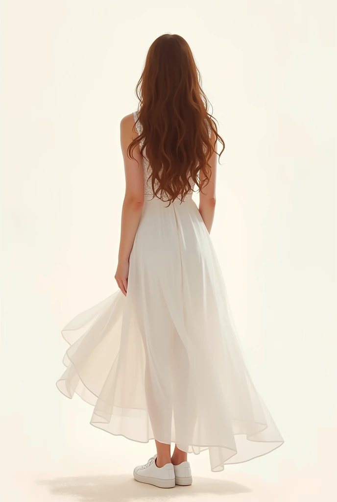 Bridal girl  brown hair ,  wavy on the back with minimalist watercolor white sneakers without showing her face
