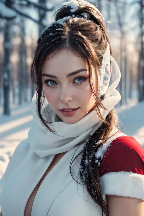 Waist shot, Looking at viewer, dressed, (photo realistic:1.4), (hyper realistic:1.4), (realistic:1.3), (smoother lighting:1.05), (increase cinematic lighting quality:0.9), 32K, 1girl(extremely beautiful, Russian Supermodel),20yo girl, hair scarf, long pony...