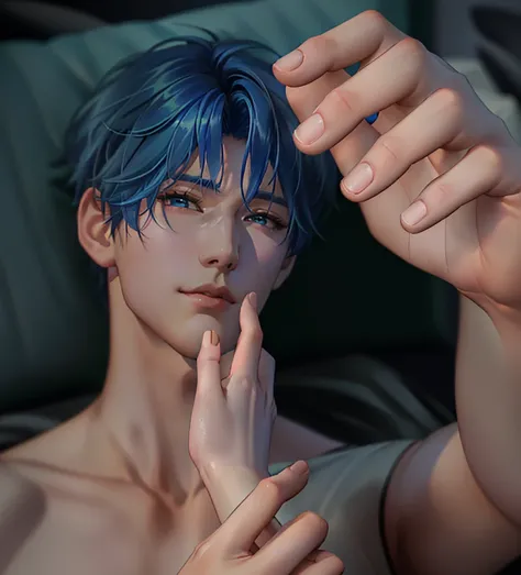 There is a man with blue hair lying in bed， hands on face ,  handsome anime pose ,  8K Artgerm Bokeh , artwork in the style of Gu Weiss, Cai Xukun,  Use your index finger , Gu Weiss, Gu Weiss masterpiece, Semi-realistic, Semi-realistic, 3D anime realism,  ...