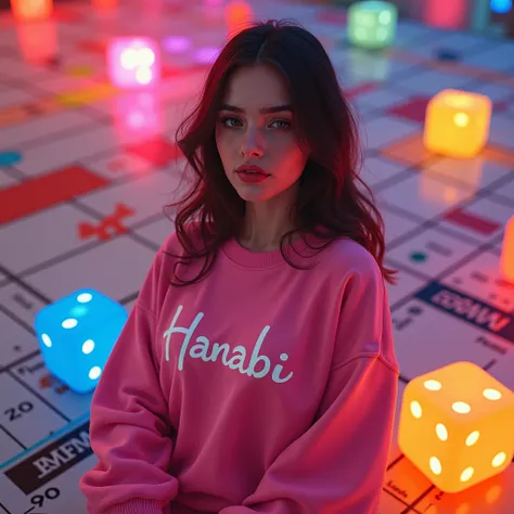 beutiful lady , got HANABI  named on her sweatshirt,monopoly go board theme in got colourful dices on it