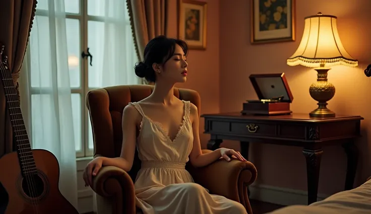 A stunning Chinese woman sits on a plush, velvet chair in her elegant bedroom. The room is decorated with tasteful artwork, a vintage record player softly spinning a calming melody. She wears a simple yet sophisticated outfit and has her eyes closed, lost ...