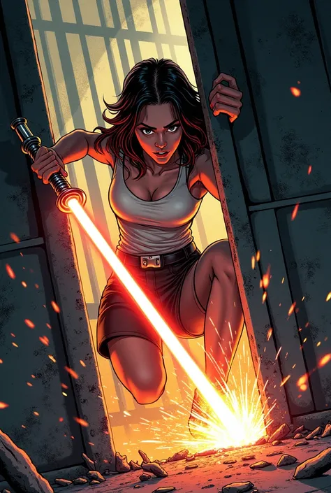 Lilly slashes her saber through the cell door, sparks flying. comic style