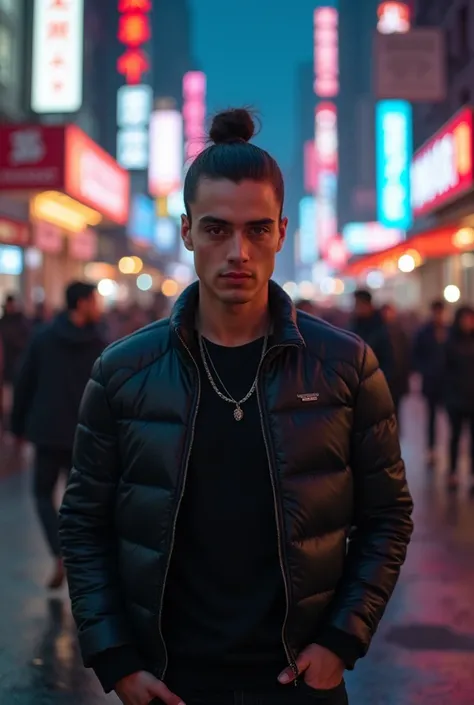 Handsome youngman(manbun hair) looking to the camera, walking in the city at nights, bokeh lights, cars, building and stores, so many people, smokey, taking a realistic photo