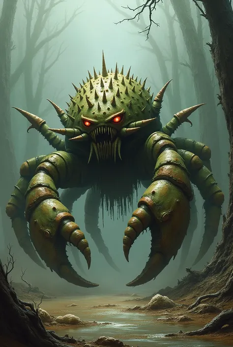 A crab-like cactus demon with spiked cactus claws and a hardened shell covered in thorny ridges. It crawls out of the muddy lake, its claws snapping viciously, and the stench of decay surrounds its eerie lair." Realistic image 