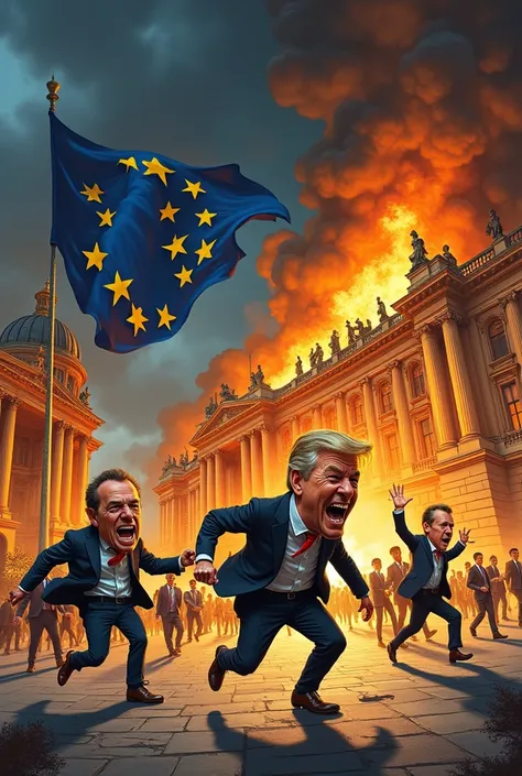 Sauve qui peut. 
Caricature.
Les Français quittent les institution européennes car elles sont en feu.
La fumée ressemble au drapeau de lUE.