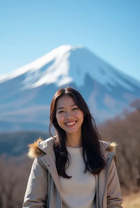 Prompt:
"A medium-shot portrait of a beautiful Thai woman with fair skin, standing outdoors near Mount Fuji. She is dressed in casual yet stylish clothing, such as a light jacket or sweater, suitable for cool weather. The setting is bright and well-lit, wi...