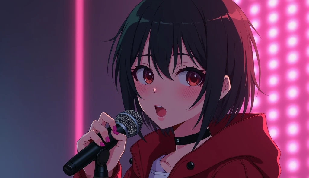 Anime game 8k Hyperrealistic, masterpiece, ((Super detailed background, exquisite pattern, Intricate details)), best quality, Intricate details, Chromatic aberration, woman, mature woman, mature woman, 20 years old, emo, stage, singing, looking at viewer, ...