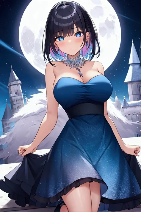 Full body image, night, ((1. Adult women)), alone, Adult women, Baby Face, masterpiece, 8K wallpaper, High resolution, Absurd, High Quality Backgrounds, Short Hair, Black Hair, Multicolored Hair, Big Breasts, Slim body, Beautiful frozen village, (Bright fu...