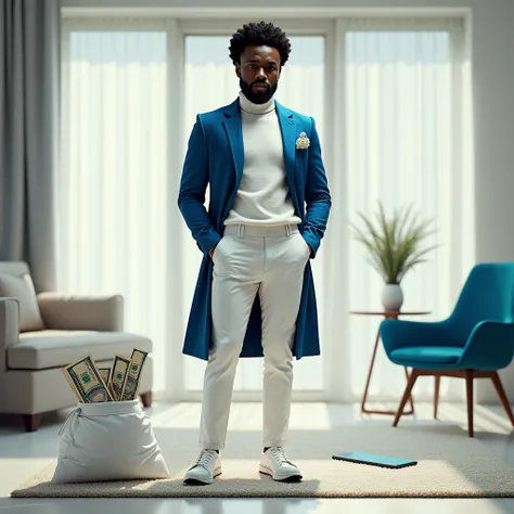 
"A handsome and elegant African man with a medium-sized Afro hairstyle and a neatly trimmed beard, standing in a bright, modern, air-conditioned room. He has a sad expression and is dressed like a professional model or star: wearing a white pullover, a st...