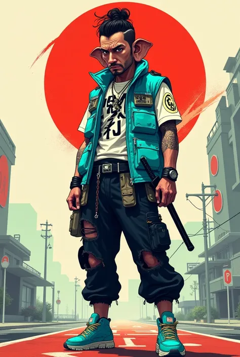 Vector art with Polish aesthetics. Ganesha on a futuristic street drawn in a striking mix of modern and traditional. Wide angle shot from below of the character wearing multiple layers of urban clothing, including a bright blue-green tactical vest with var...