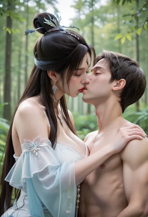 source realistic, couple, young boy, Busty wuxia woman, kissing, big dick,embrassed, plump,huge breast,goddess, in the forest, of wuxia world, masterpiece, anatomically correct, super detail, high details, high quality, best quality, highres, 8k