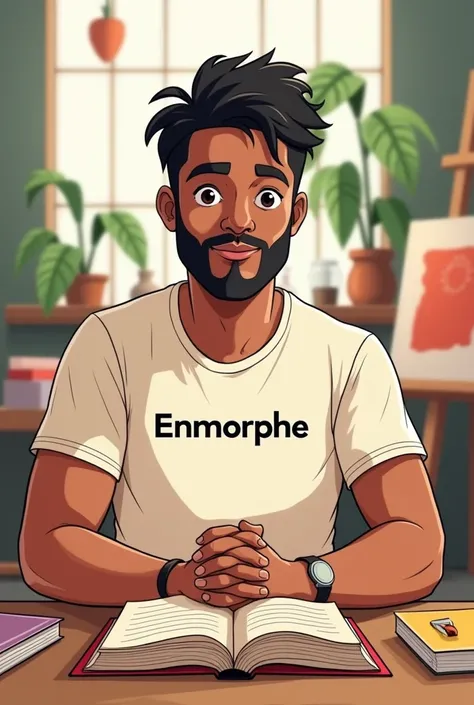 A cartoon man sitting in the studio wearing a t-shirt having a word "enmorphe " and hands on the table holding a book written "Greatness in simplicity" 