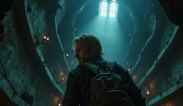 A view from above reveals a strong,  blonde-haired man like daryl dixon ascending a spiral staircase inside a towering abandoned broken gothic church. His rugged backpack, reminiscent of a survivor like Daryl Dixon, clings tightly to his shoulders. His fac...