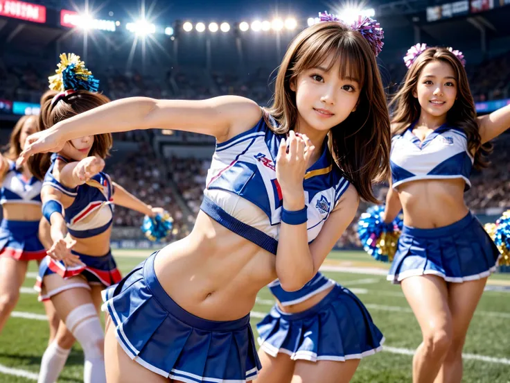 masterpiece,  top quality,  very detailed bust,  high definition , ( realistic , photo realistic :1.37), excellent anatomy, 4 Beautiful Women ,(well-proportion:1.3) 4 Cheerleaders , (With pom-poms in both hands:1.4),smile,  cheerleading,(blue cheerleader u...