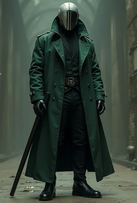 Character with dark green trench coat , black pole ,  black pants , black boots,  black gloves with the hood on and wearing the classic Roboco helmet , with that black side line and the rest of the silver mask  