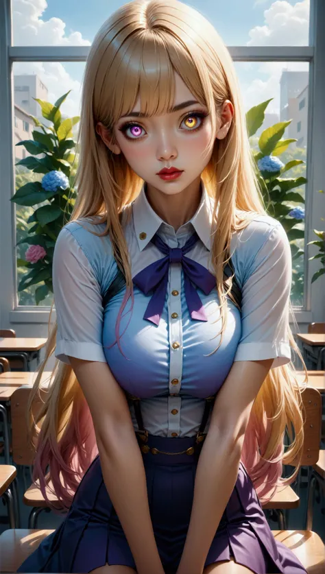 (masterpiece, aesthetic, detailed eyes, realistic), 1girl, mahiru shiina, angel next door spoils me rotten, Long smooth straight golden hair, purple to golden gradient eyes,large bust, large hips, slim waist,sitting in class in uniform, super detail, best ...