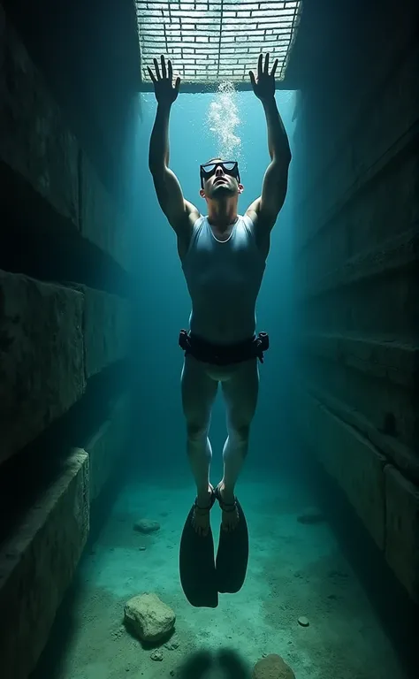 A stocky caucasian man wearing a white one-piece sleeveless freediving wetsuit with long leggings, black freediving mask, and weightbelt trapped underwater in a dark underwater temple ruin with murals sorrounding the walls. Have him pushing up a metal grat...