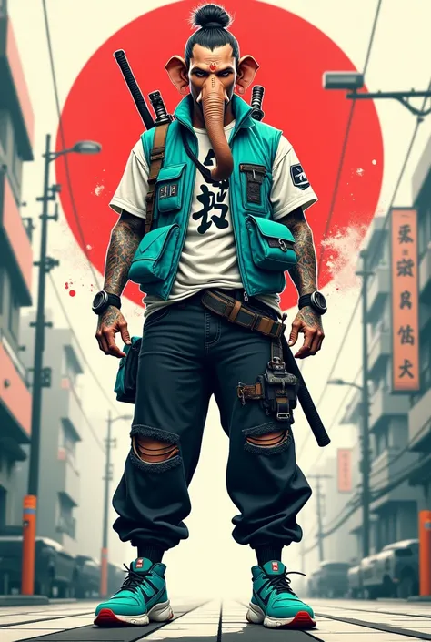 Vector art with Polish aesthetics. Ganesha on a futuristic street drawn in a striking mix of modern and traditional. Wide angle shot from below of the character wearing multiple layers of urban clothing, including a bright blue-green tactical vest with var...