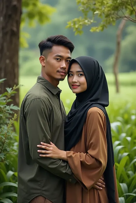 photo of a 30 year old man from Indonesia, rather thin, brown skin, undercut hairstyle, with a 28 year old woman from Indonesia, white skin, wearing a hijab,natural scenery background,HD