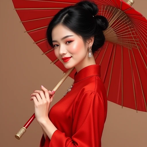  red Chinese dress,  1 girl , Alone,  black hair,  short hair,  upper body, smile, Parasol,  mature woman,