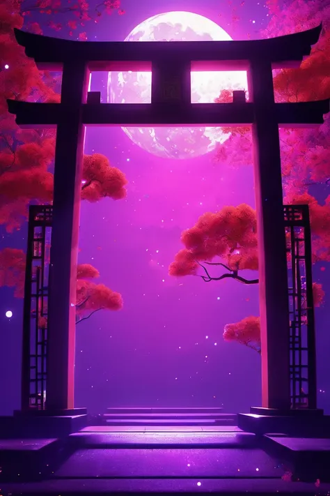 Shrine torii gate、 Vine ，Very bright color, Particles of light, The light shines, disaster, Wallpaper Art, UHD wallpaper、Purple Background、 mysterious in another dimension、Impersonal、 Full Moon 