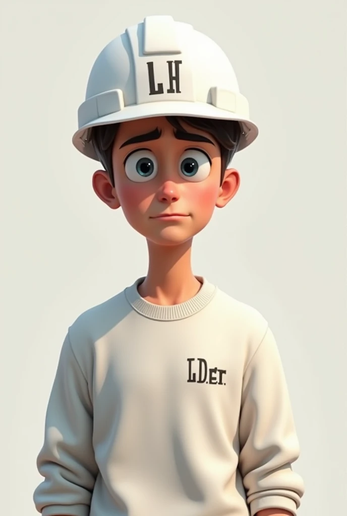 Animated male civil engineer with little muscle wearing white helmet white sweater with LH-Decor initials logo light blue eyes, chocolate colored hair looking straight ahead sad 