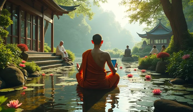 * **Meditation in a scenic temple with a monk embracing tranquility amidst a tranquil stream and lush greenery.**
* **A calm woman disconnecting from the digital world by placing her smartphone in a serene pond surrounded by lotus flowers.**
* **An elderly...