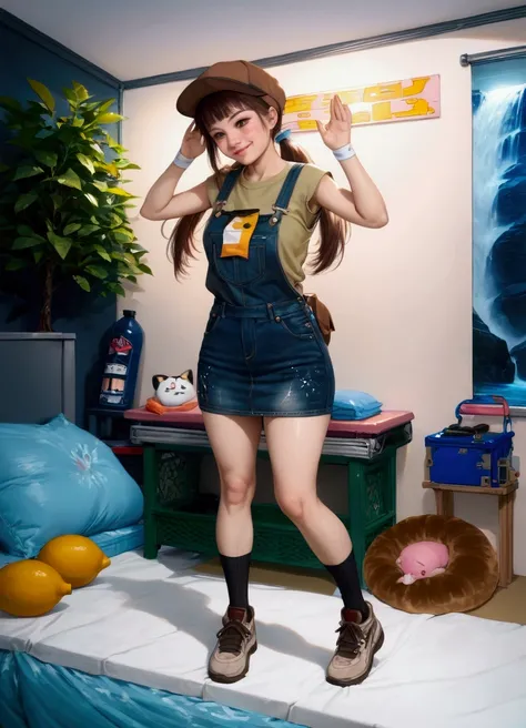 pretty  woman, smiling, standing posed, rider stop, waterfall, (+forehead, low double ponytails, brown hair, lemon-yellow hairband, brown cap), beige-yellow  sleeveless turtleneck (+white wristbands), denim dungarees pencil mini skirt, black socks, brown s...