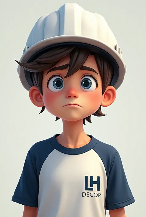 Boy cute civil engineer with little muscle wearing white helmet white dark blue collared T-shirt with LH-Decor initials logo light blue eyes, chocolate colored hair looking straight ahead sad