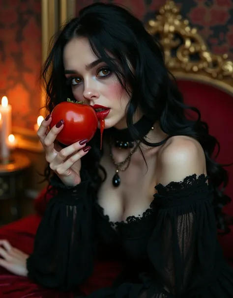 Gothic vampire girl sucking the juice out of a tomato, looking at viewer, in a bed with black velvet linen, stone floors, tapestries, candles, intricate, European horror movie aesthetic, fumetto style, HD, 8x, lurid vivid colors, dark tones