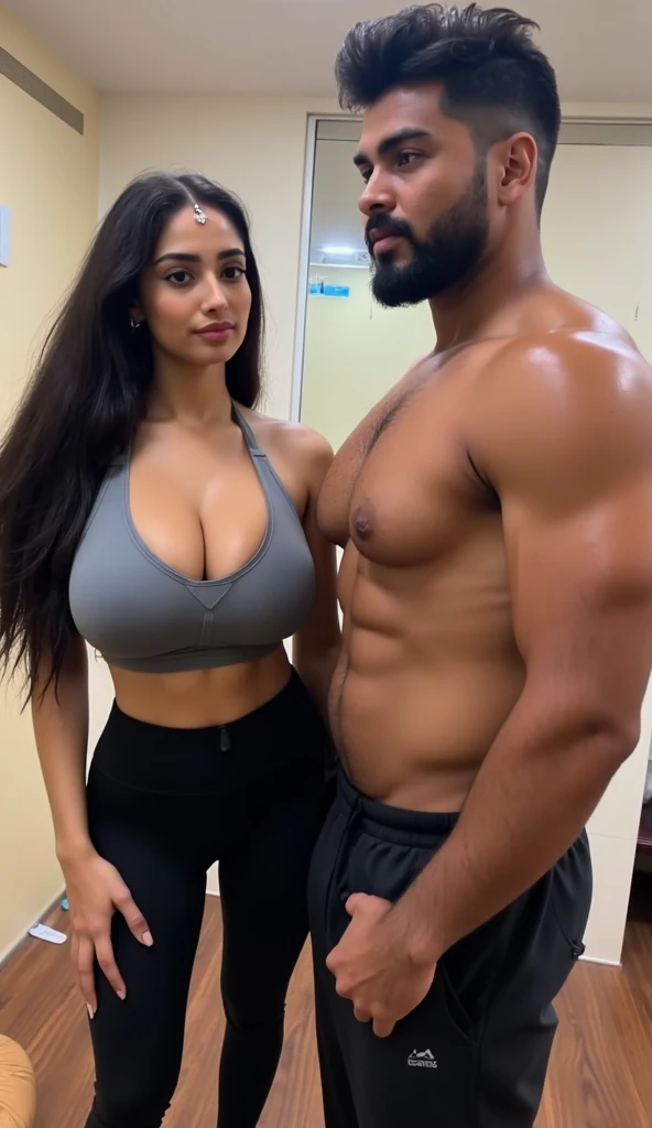 Very tall hot thick healthy physique sexy tall big brown skin sexy indian girl with long side parted fluffy hair, woman wearing long navel covering tight sports t-shirt and legging, in indian gym, ultra hd photo, 4k picture, short small dark black skin big...