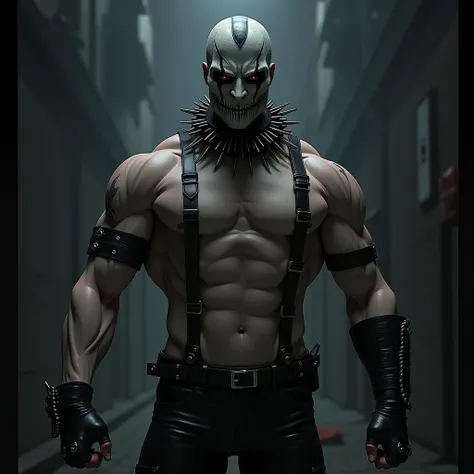 Tokyo ghoul in leather BDSM straps and with a spiked collar around his neck. (Man, Solo)