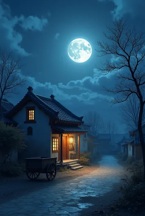 there is a small house with a wagon parked in front of it, at night with moon light, at night with full moon, the glow of the moonlight, by Cheng Zhengkui, moonlit night dreamy atmosphere, chinese village, moonlit night, beautiful moonlight night, night ti...