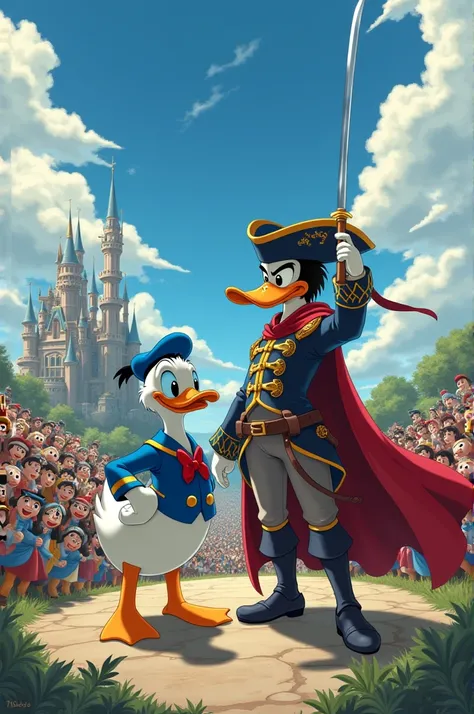 Donald Duck et un homme déguisé en mousquetaire entrain de faire front commun pour affronter une armée de personnages Disney dans un style danimation japonaise 