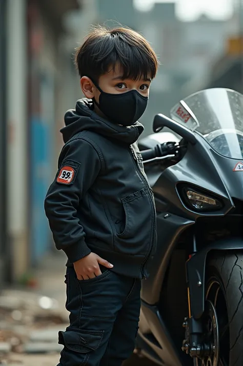 Boy wearing mask standing near motorcycle 