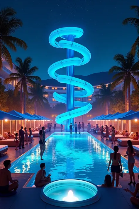 An outdoor nightclub with a pool and a blue spiral slide for jumping into the water