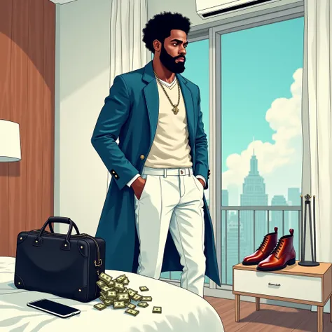 

"A handsome and elegant African man with a medium-sized Afro hairstyle and a neatly trimmed beard, standing in a bright, modern, air-conditioned room. He has a sad expression and is in the process of dressing himself, putting on his stylish long-sleeve b...