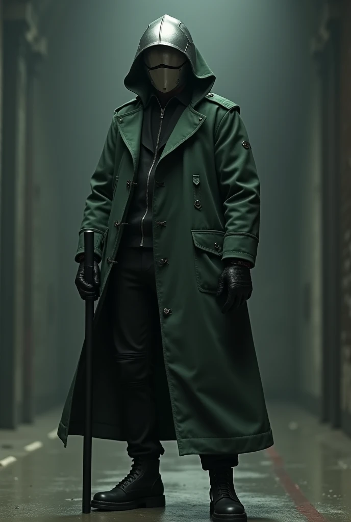 Character with dark green trench coat , black pole ,  black pants , black boots,  black gloves with the hood on and wearing the classic Roboco helmet ,  with that horizontal black line and the rest of the silver mascara and the hood of the trench coat on, ...