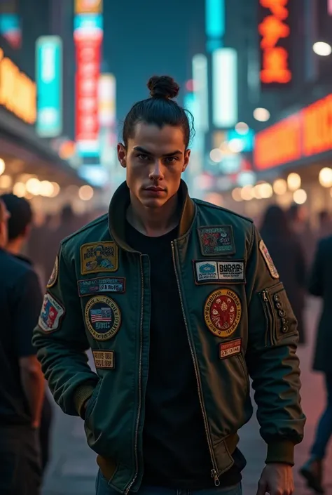 Handsome youngman(manbun hair) looking to the camera,full body, skinny, bomber jackets with many badges, walking in the city at nights, bokeh lights, cars, building and stores, so many people, smokey, taking a realistic photo, from the top angle shot by dr...