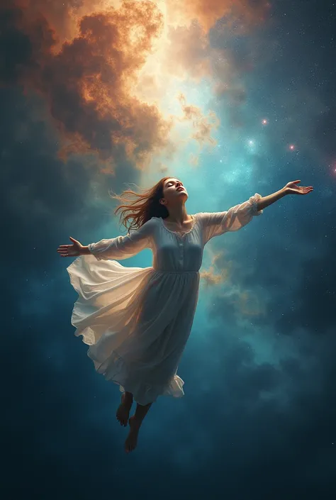 (photorealism:1.2), universe and space with a women breathing in air  with no wings just floating with her amers wide open