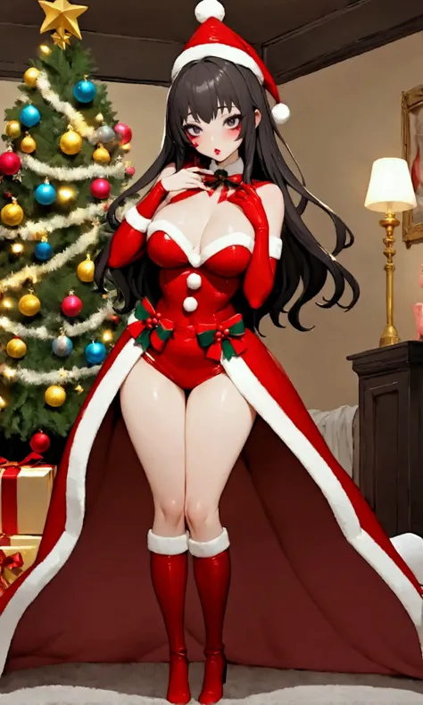 A cute woman (amazing figure, age 22, deep dark eyes, loud makeup, sexy Christmas outfit) is decorating a Christmas tree with blinking lights and ornaments, sultry, flirt, living room, show her from head to toe, full body shown
