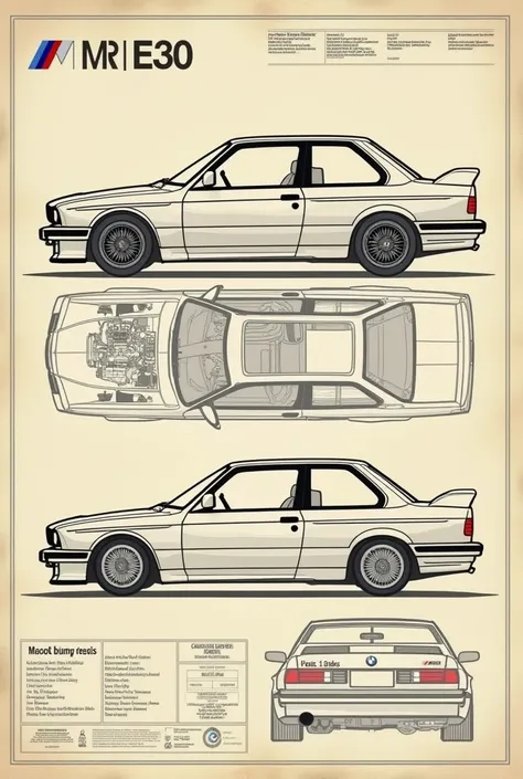 Create a technical blueprint of a BMW M3 E30 on a beige-colored background, with black text and diagrams. The car should be illustrated in a retro style, similar to classic automotive schematics from the 1980s. Include multiple views of the car: front, sid...