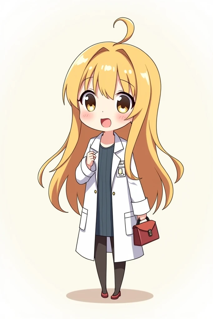 Anime character chibi :  A young girl with long blonde hair,  wears a white lab coat ,  and carries a small handbag .  Her facial expression is sweet and cheerful . 