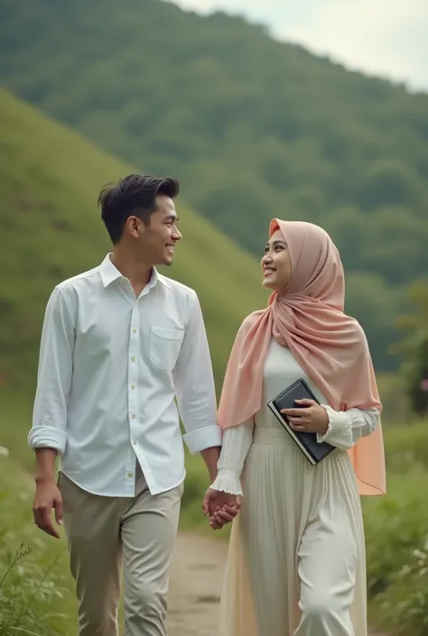 
Cinematic close-up of a beautiful Indonesian girl wearing a loose hijab scarf and simple, loose clothing suitable for Muslimah attire. This outfit consists of a simple white shirt and a light cream long skirt.. Her peach hijab scarf billowed gently in the...