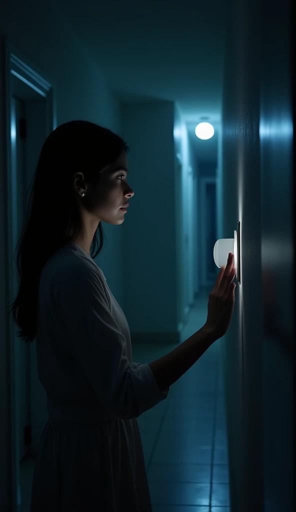 A hyper-realistic shot of Akanksha turning off the light switch, her expression calm but slightly uncertain. The room behind her plunges into darkness, while the hallway is faintly illuminated by the moonlight streaming through a window.