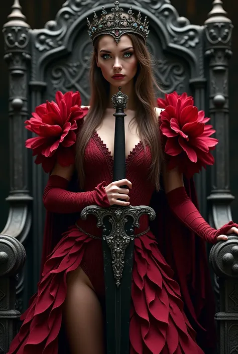 A breathtaking Gothic masterpiece, depicting a fierce and regal warrior queen in a moment of imposing presence. She stands, radiating an
aura of undisputed strength, dressed in an opulent bodysuit inspired by the rich layered petals of a deep crimson petun...